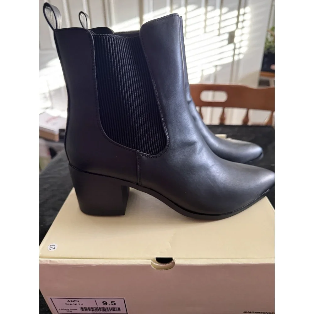 J.Adams Andi Black PU Pull Tab Pull On Pointed Toe Block Heel Chelsea Boots 9.5